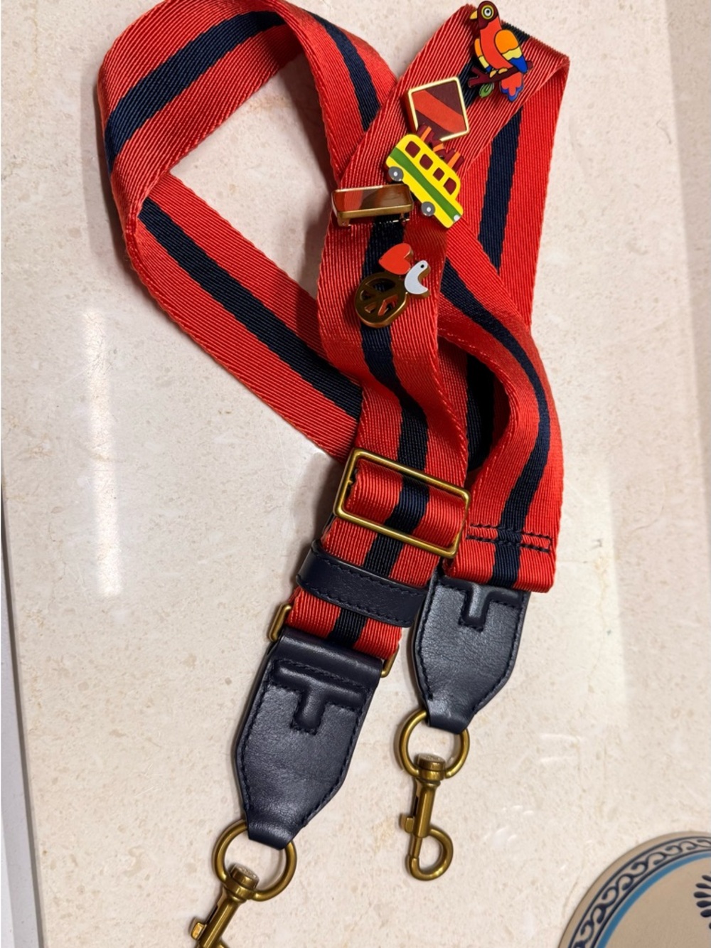 Tory Burch Red and Navy Striped Adjustable Crossbody Strap with Gold Hardware